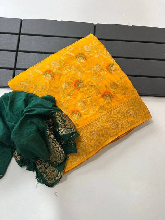 Exclusive yellow dola crepe silk party wear saree collection available online at Saree Sargam Studio