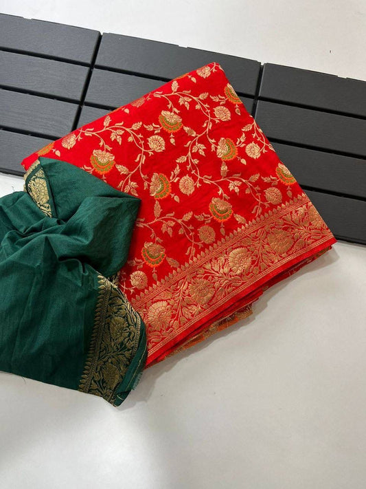 Exclusive traditional red khadi georgette saree with a rich gold border collection from Saree Sargam Studio