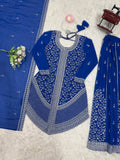 Full-length view of a flared sharara bottom paired with a heavily embroidered knee-length blue georgette tunic