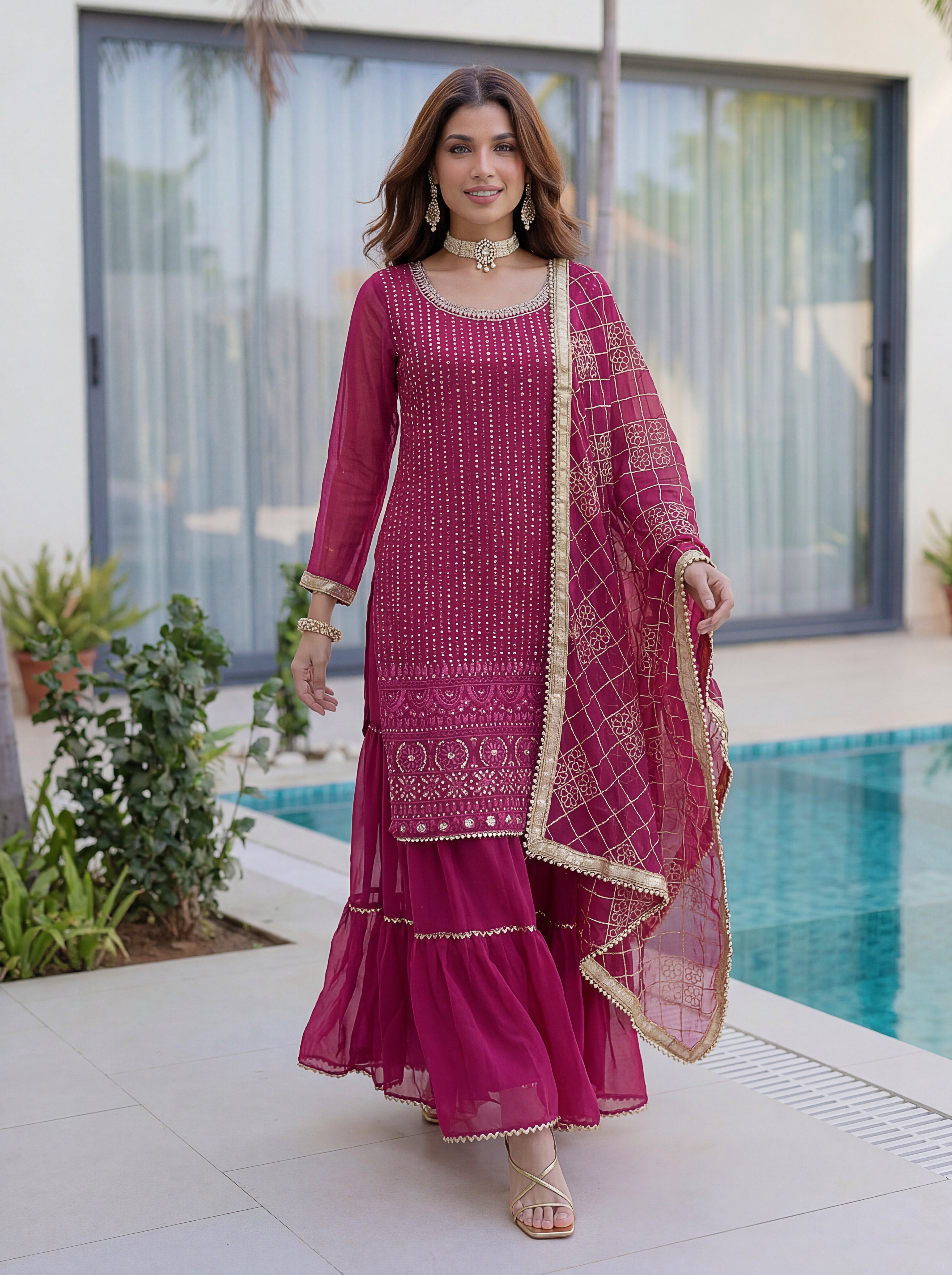 Elegant pink kurta sharara set with embroidered dupatta for women