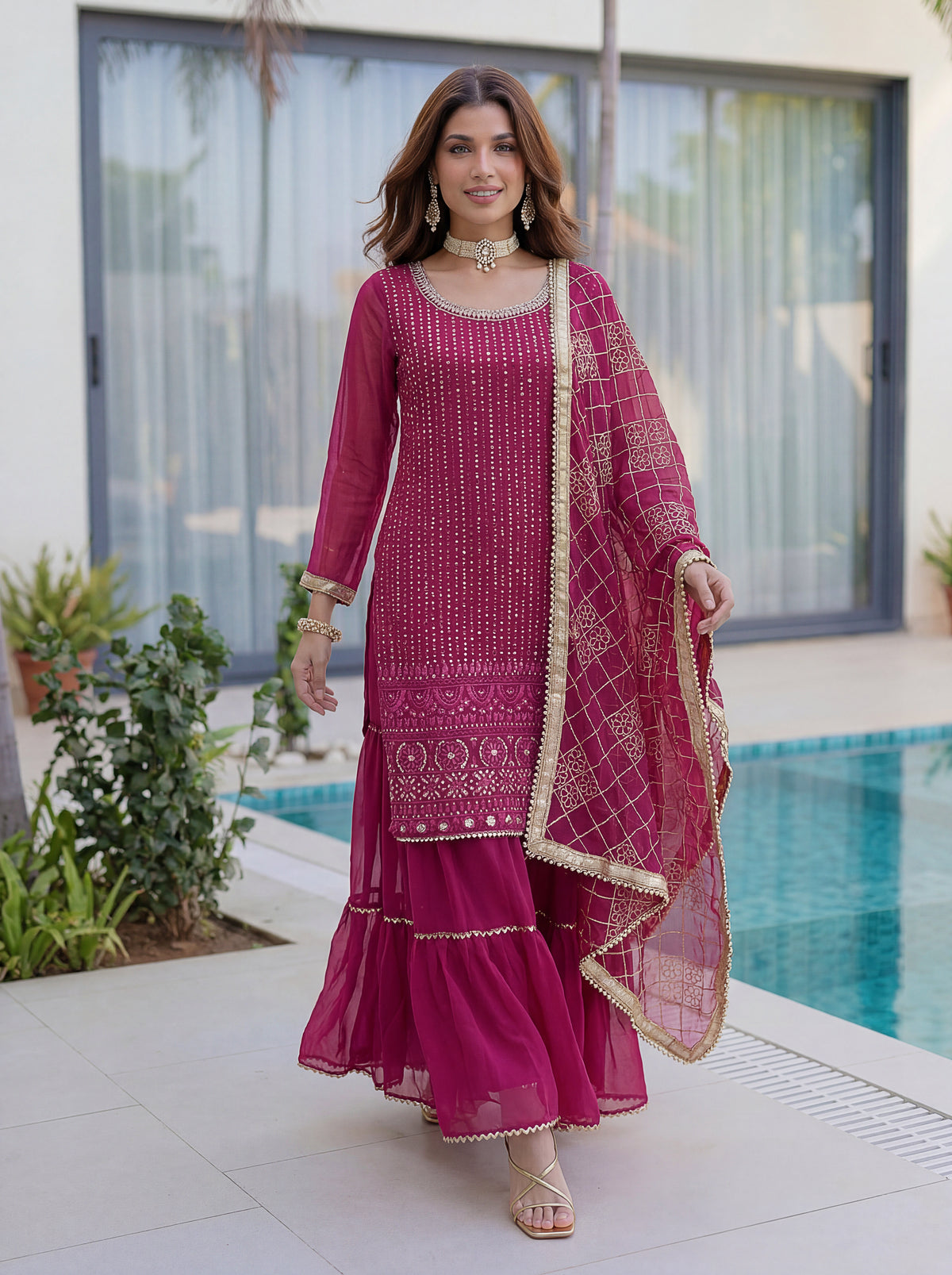 Elegant pink kurta sharara set with embroidered dupatta for women