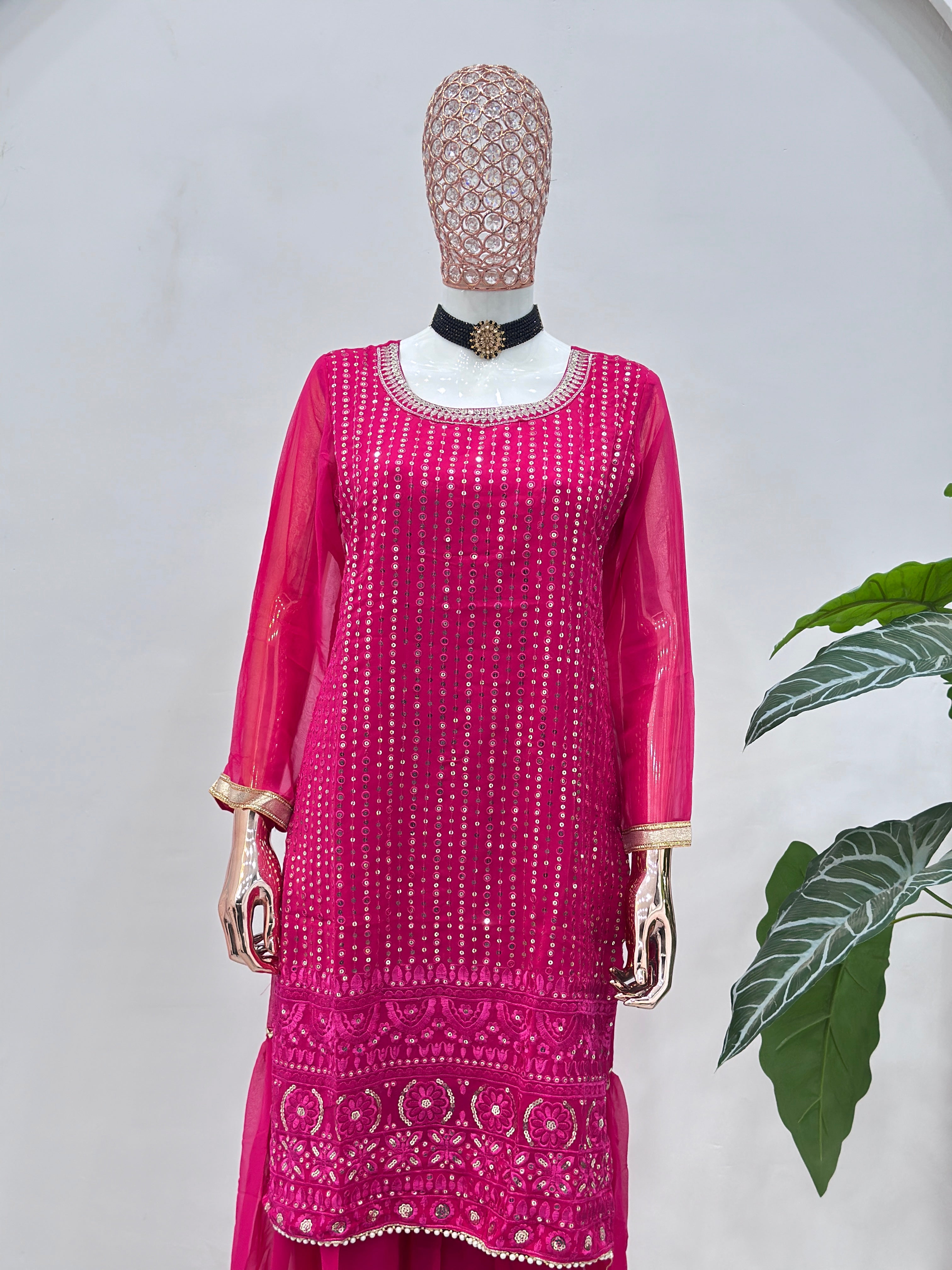 legant pink kurta sharara set with embroidered dupatta for women