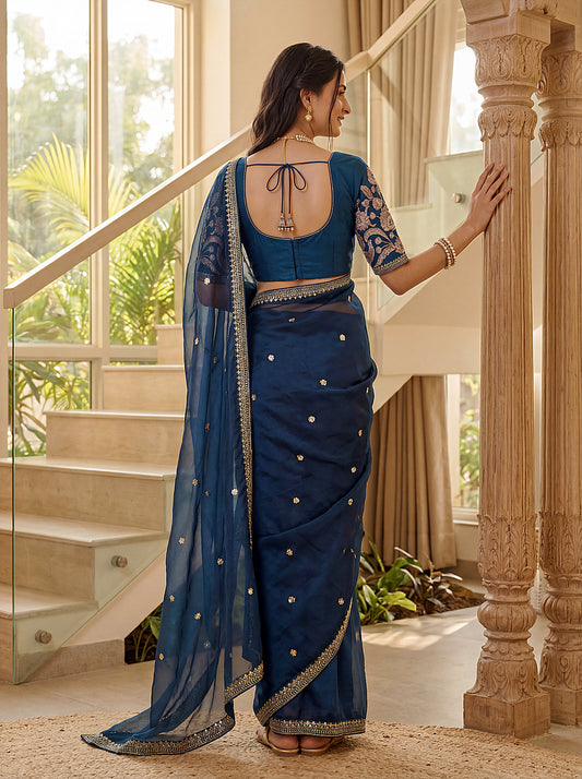 Elegant Indian blue saree with detailed embroidery and sheer drape