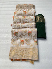 Folded off-white khadi georgette silk saree displaying golden zari floral weaving and border details