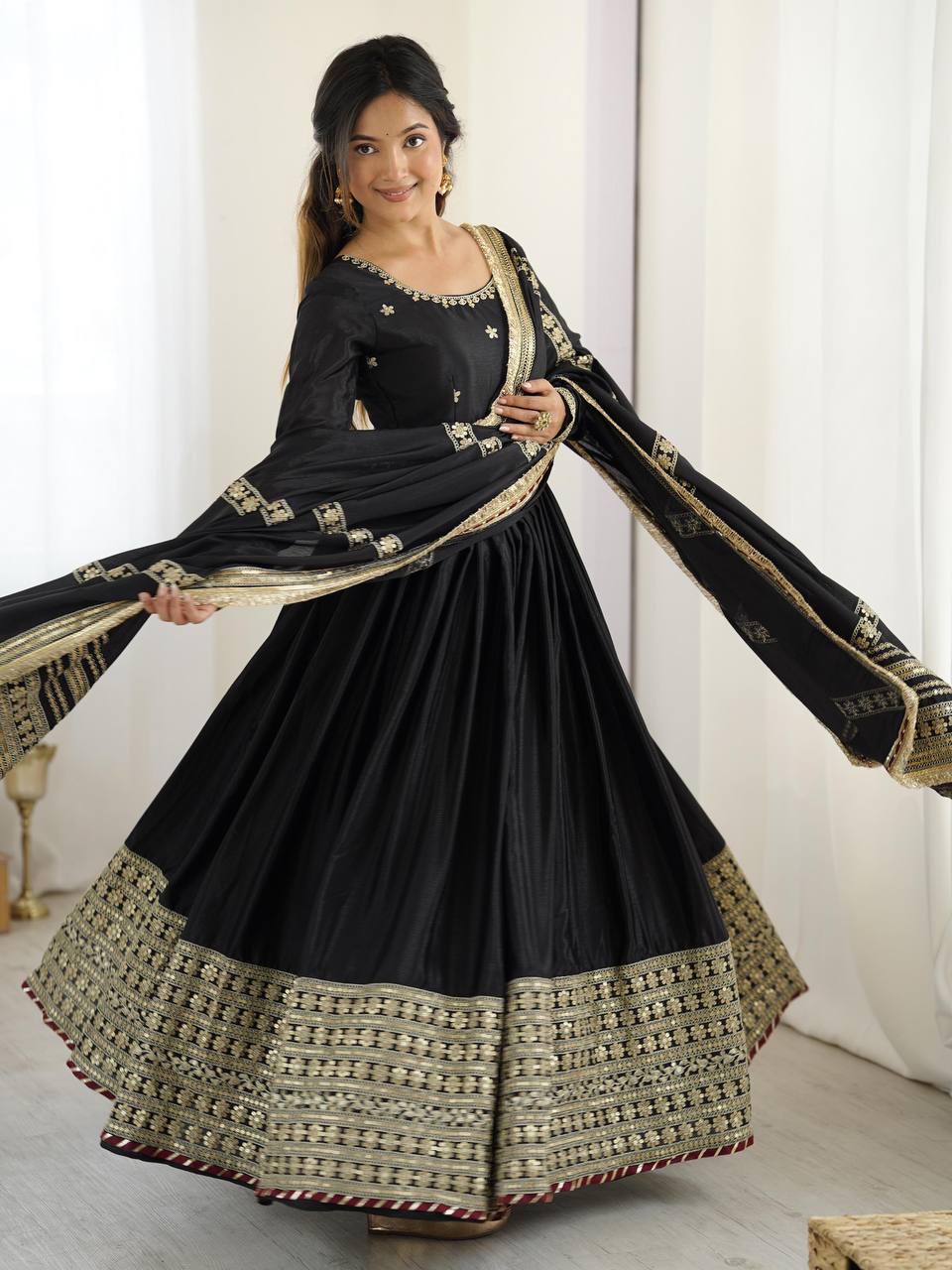Elegant Black Anarkali with Golden Embroidery Dupatta