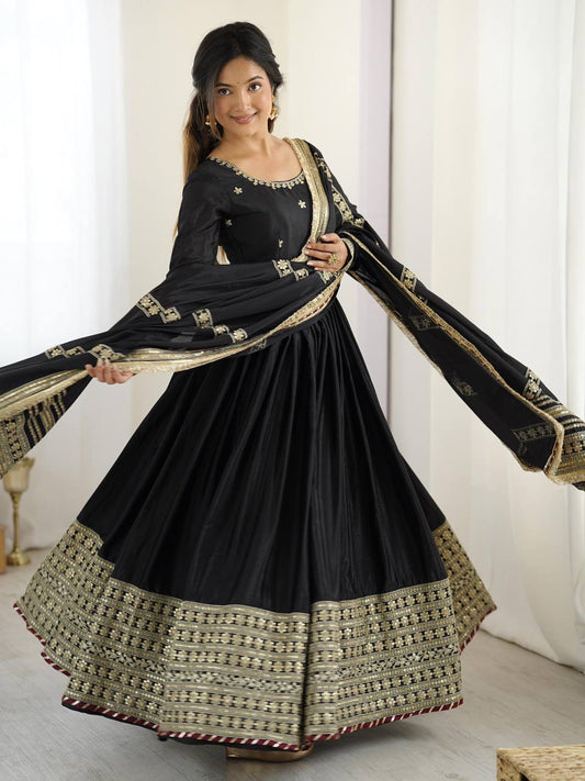 Elegant Black Anarkali with Golden Embroidery Dupatta