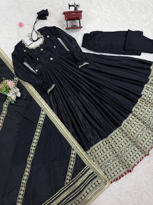 Elegant Black Anarkali with Golden Embroidery Dupatta