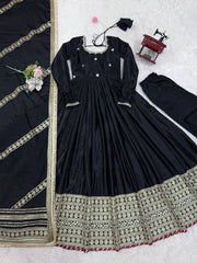Elegant Black Anarkali with Golden Embroidery Dupatta