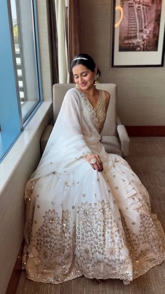 Elegant White & Gold Lehenga with Embroidered Dupatta