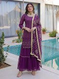 Purple embroidered sharara suit set for women with dupatta, festive and wedding ethnic wear
