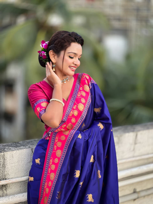 rani-pink-pichwai-art-pallu-on-blue-saree