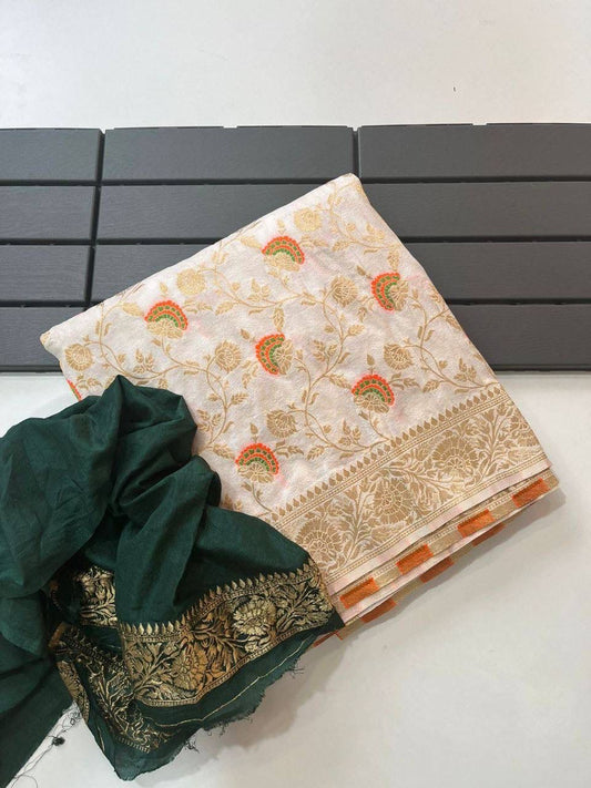 Neatly arranged stack of a cream khadi silk saree highlighting its intricate gold borders and modern ethnic styling