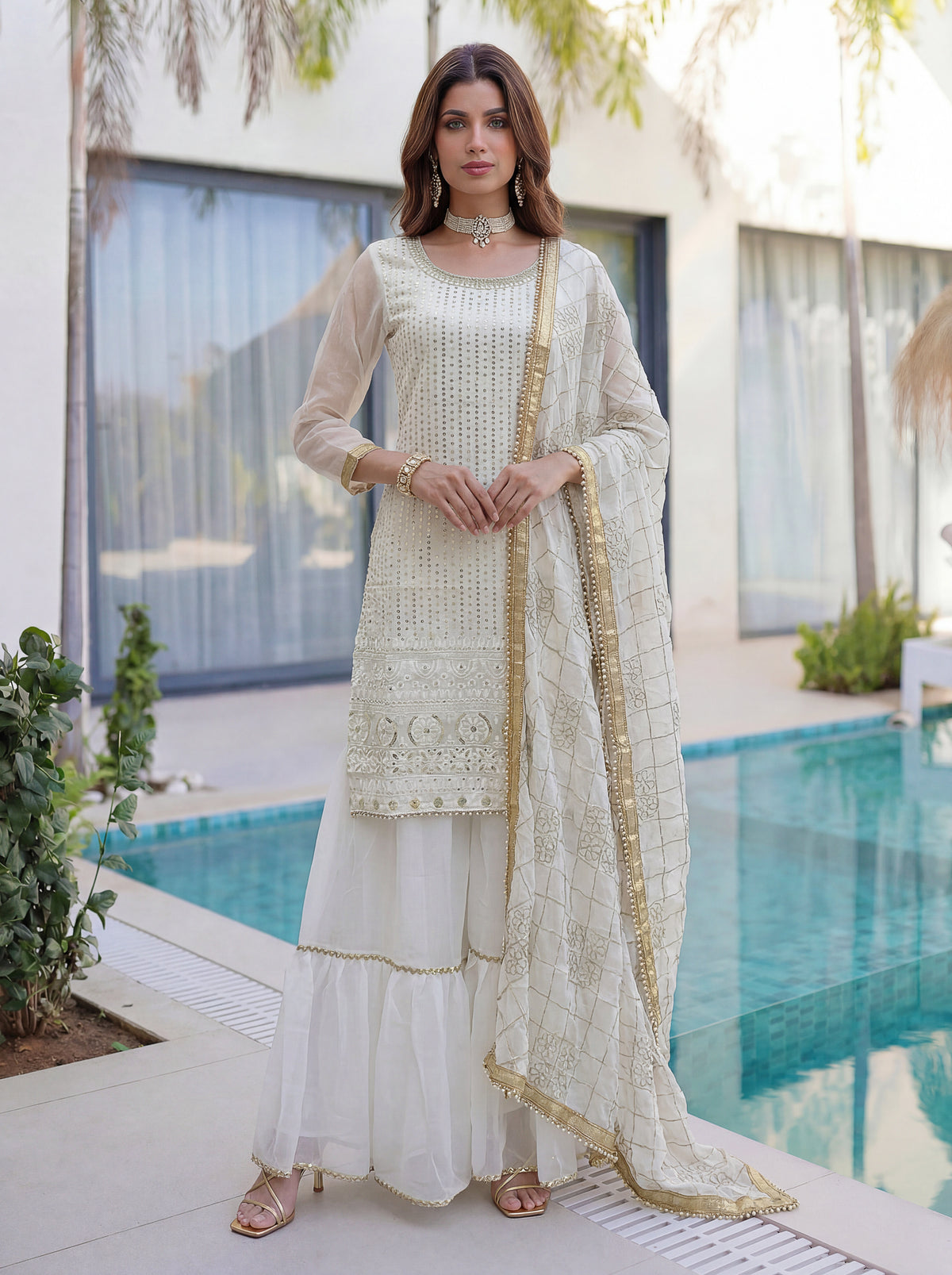 White embroidered sharara set for women with elegant dupatta